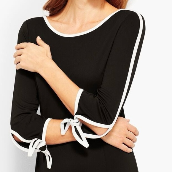 TALBOTS WOMENS XS BLACK WHITE ELBOW-SLEEVE TIE SMOOTH JERSEY DRESS BUSINESS EUC! - Picture 3 of 15